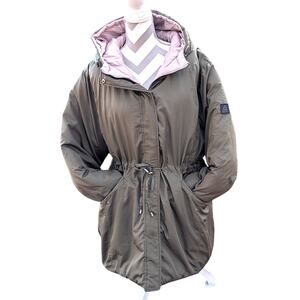 Reebok Reversable Parka Coat Wm 2X Puffer Hooded Cinch Waist Winter Olive Pink